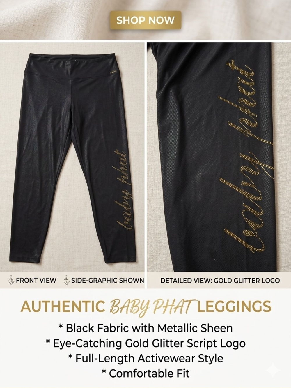 Baby Phat Women Black Leggings with Gold Glitter Logo